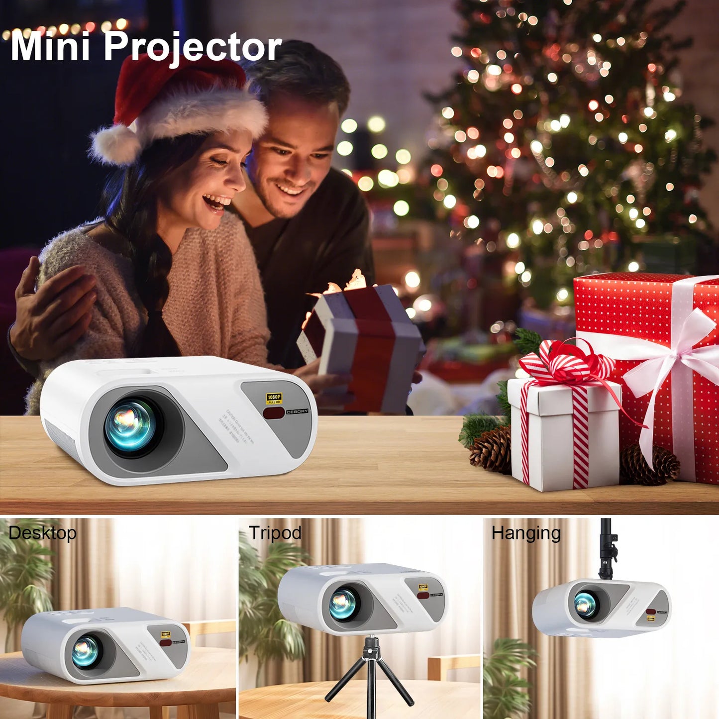 Portable Full HD 1080P Projector with Tripod, Mini Outdoor Movie Projector for iPhone & Home Theater - Zerramart