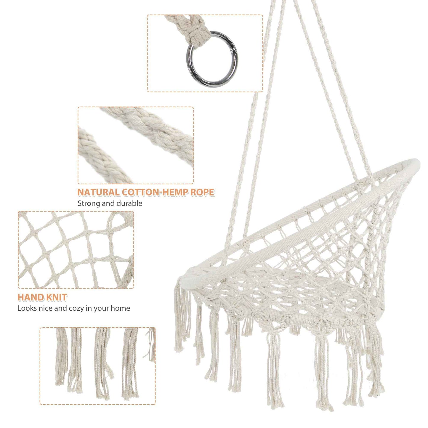 Macrame Hanging Hammock Chair, Cotton Rope Swing for Indoor and