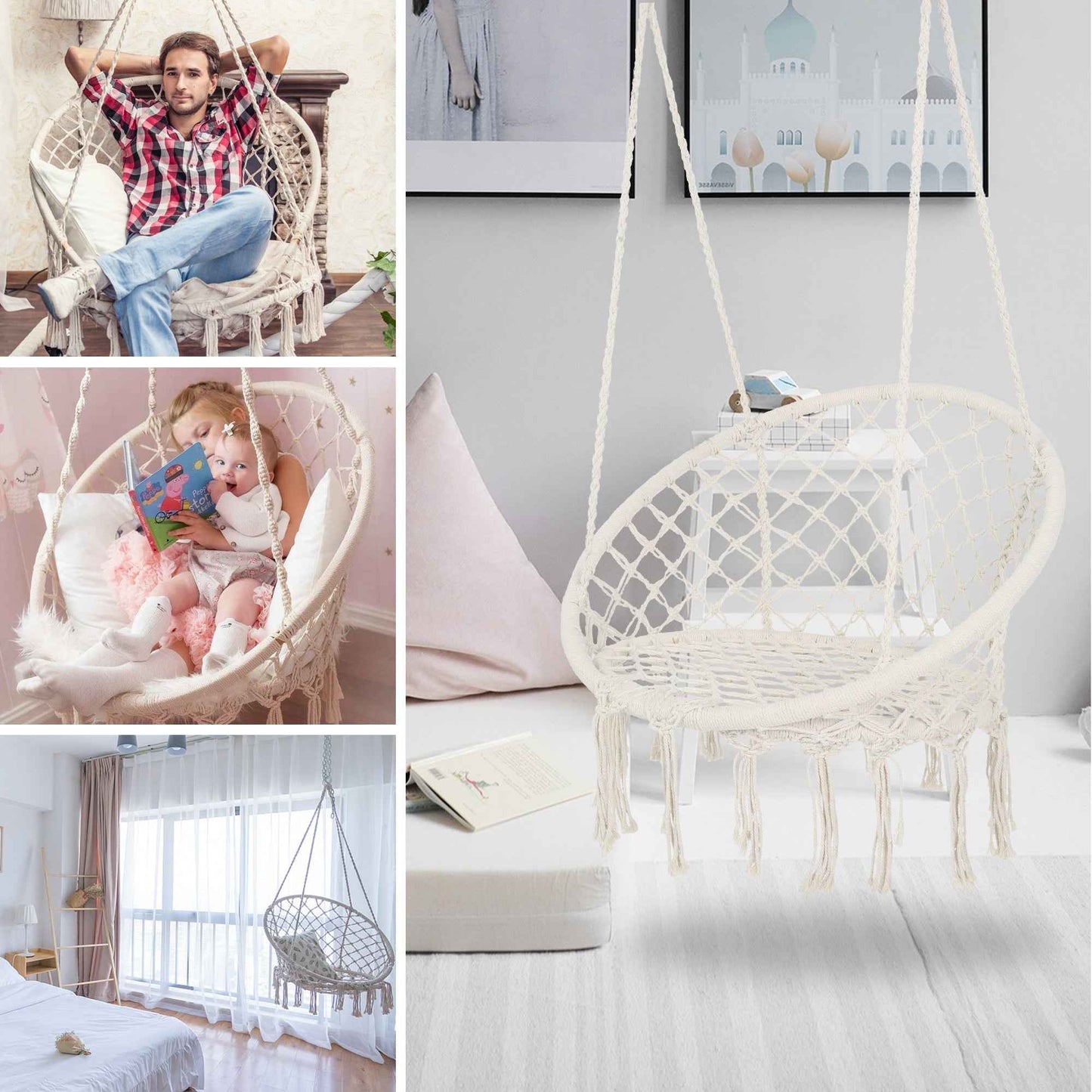 Macrame Hanging Hammock Chair, Cotton Rope Swing for Indoor and