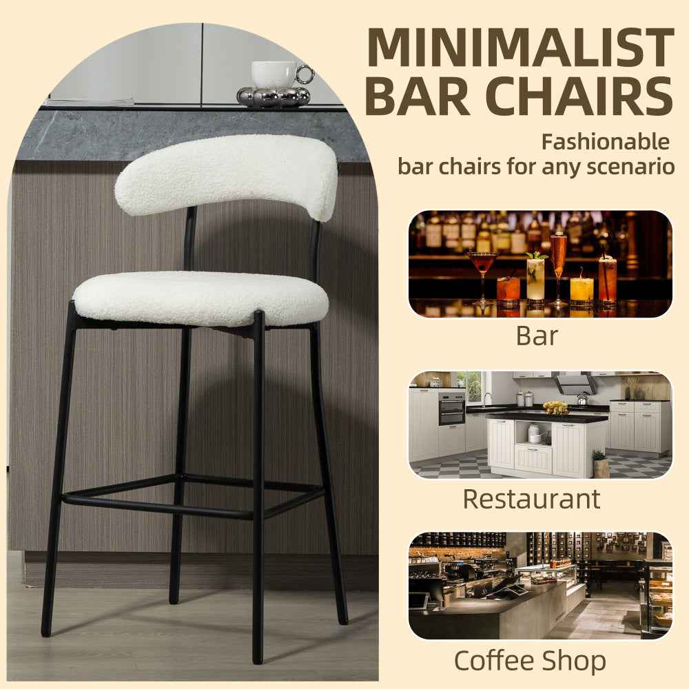 Height Bar Stools 26" Counter -Teddy Fabric Kitchen Island Chairs with Footrest, Modern Black Base (Snow White)
