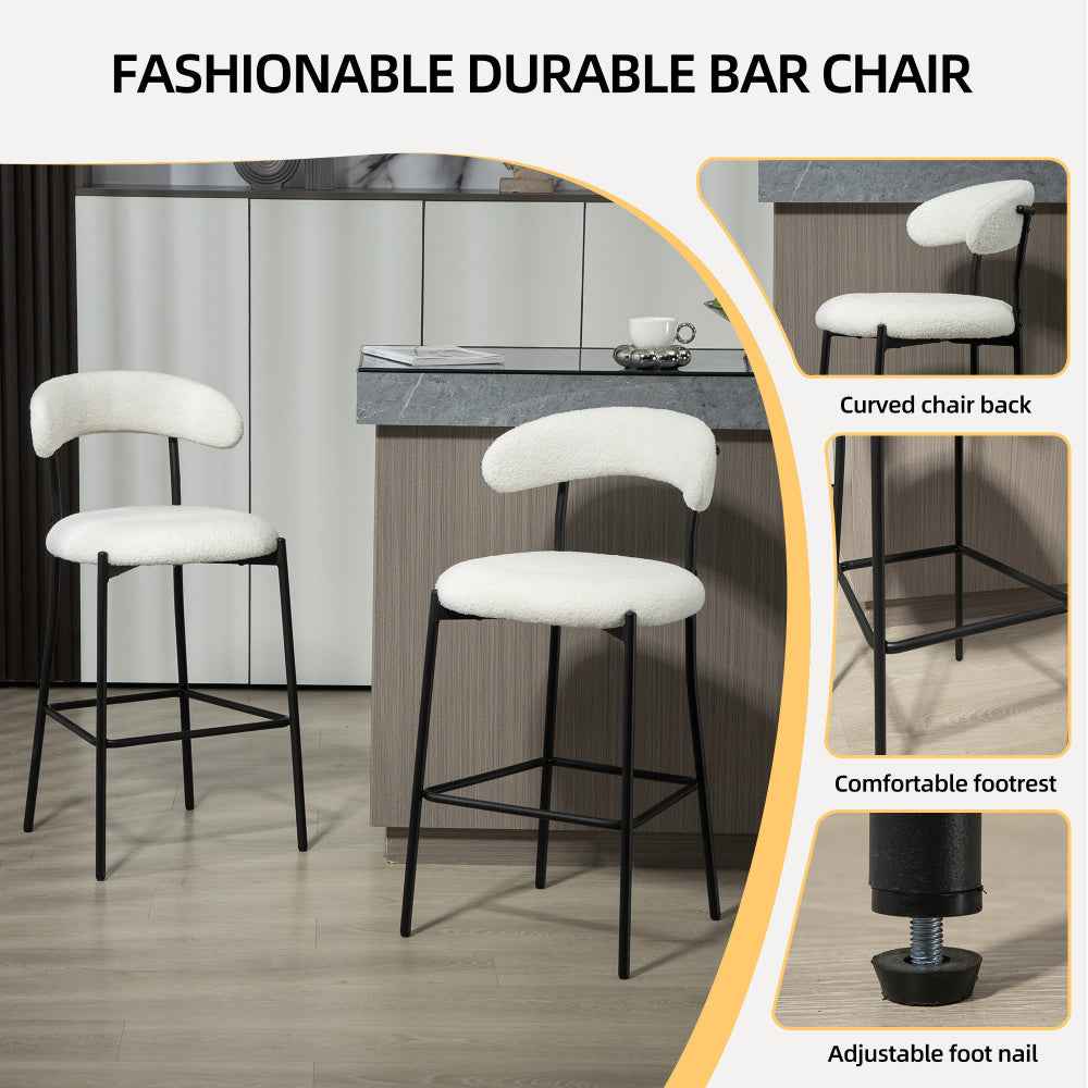 Height Bar Stools 26" Counter -Teddy Fabric Kitchen Island Chairs with Footrest, Modern Black Base (Snow White)