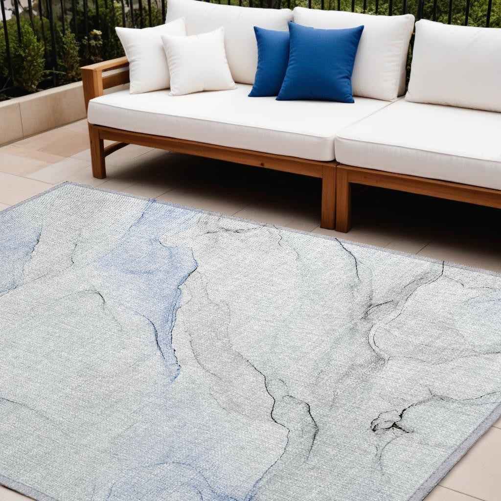 8' X 10' Ivory Blue and Gray Abstract Washable Non Skid Indoor Outdoor Area Rug