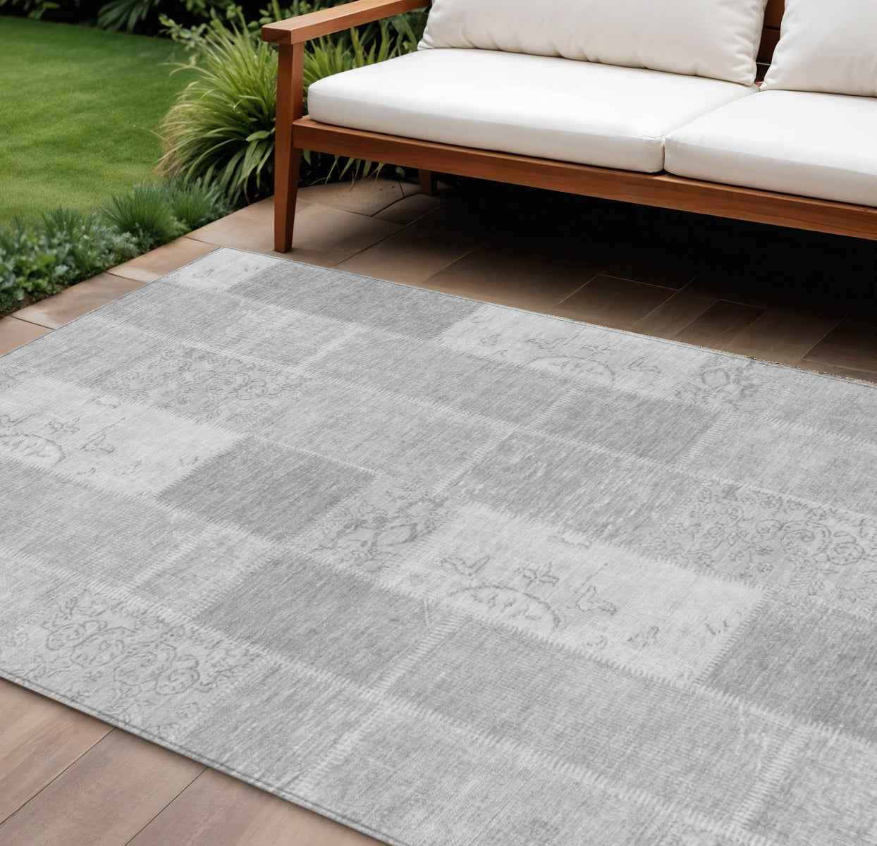 9' X 12' Silver Gray And Graphite Patchwork Washable Indoor Outdoor Area Rug