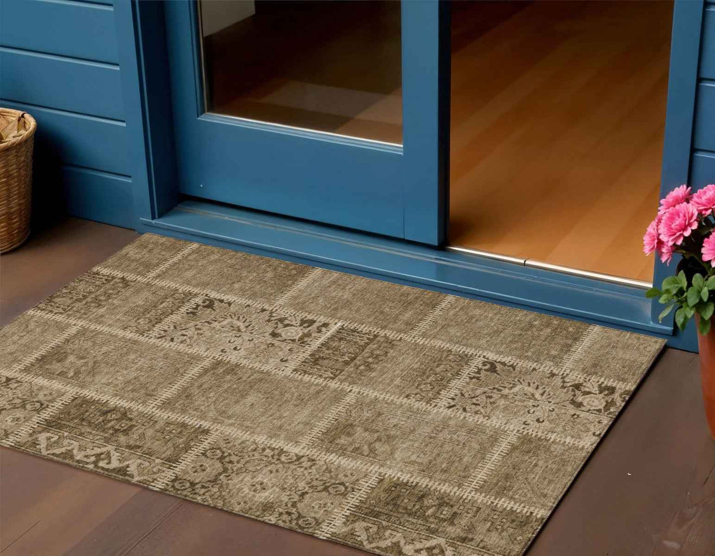 3' X 5' Brown And Beige Patchwork Washable Indoor Outdoor Area Rug