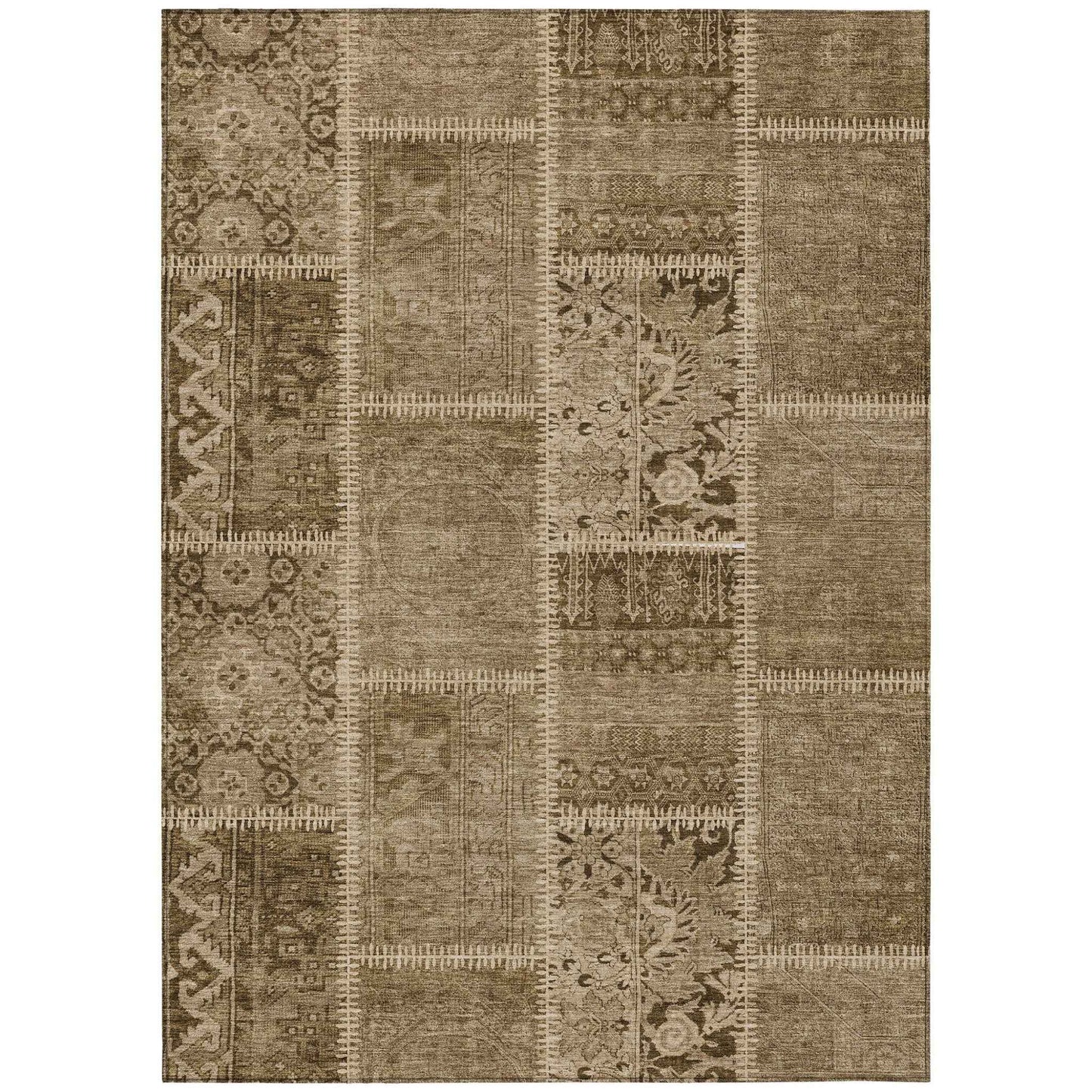 3' X 5' Brown And Beige Patchwork Washable Indoor Outdoor Area Rug
