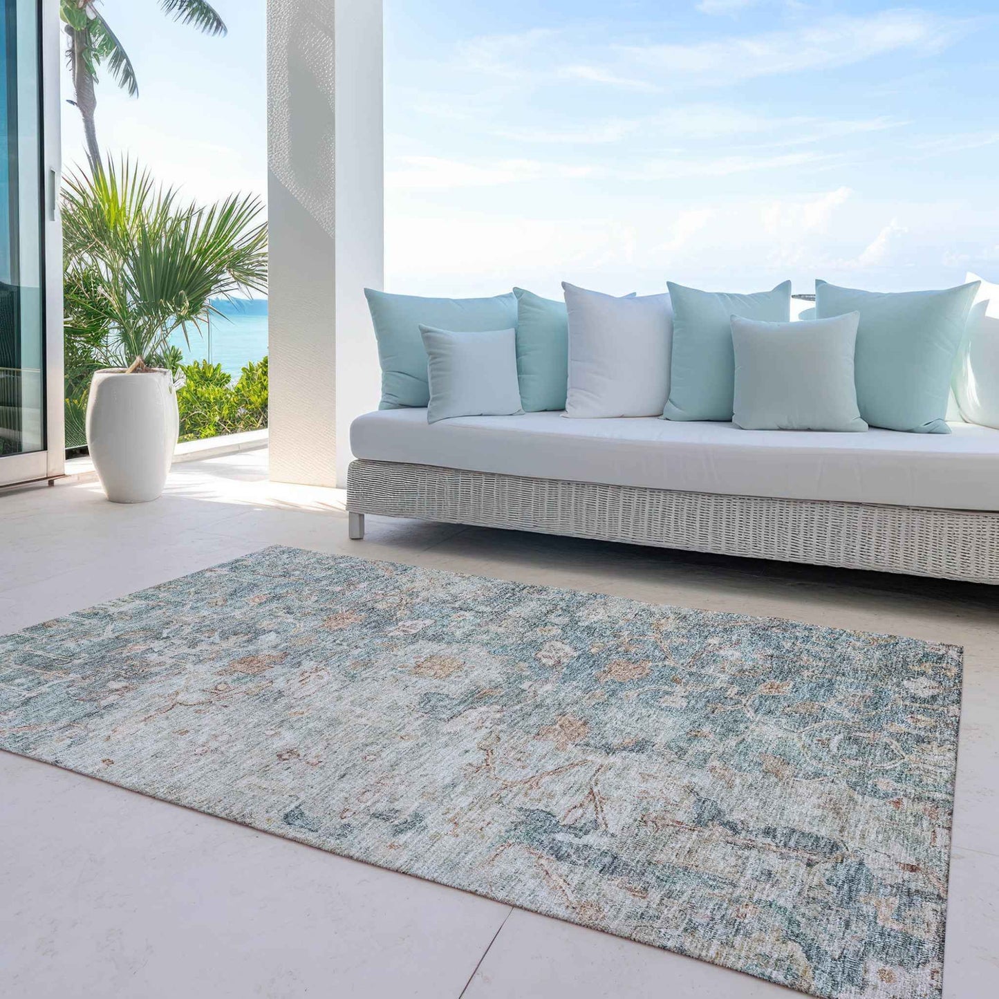 3' X 5' Green Blue And Gray Oriental Washable Indoor Outdoor Area Rug