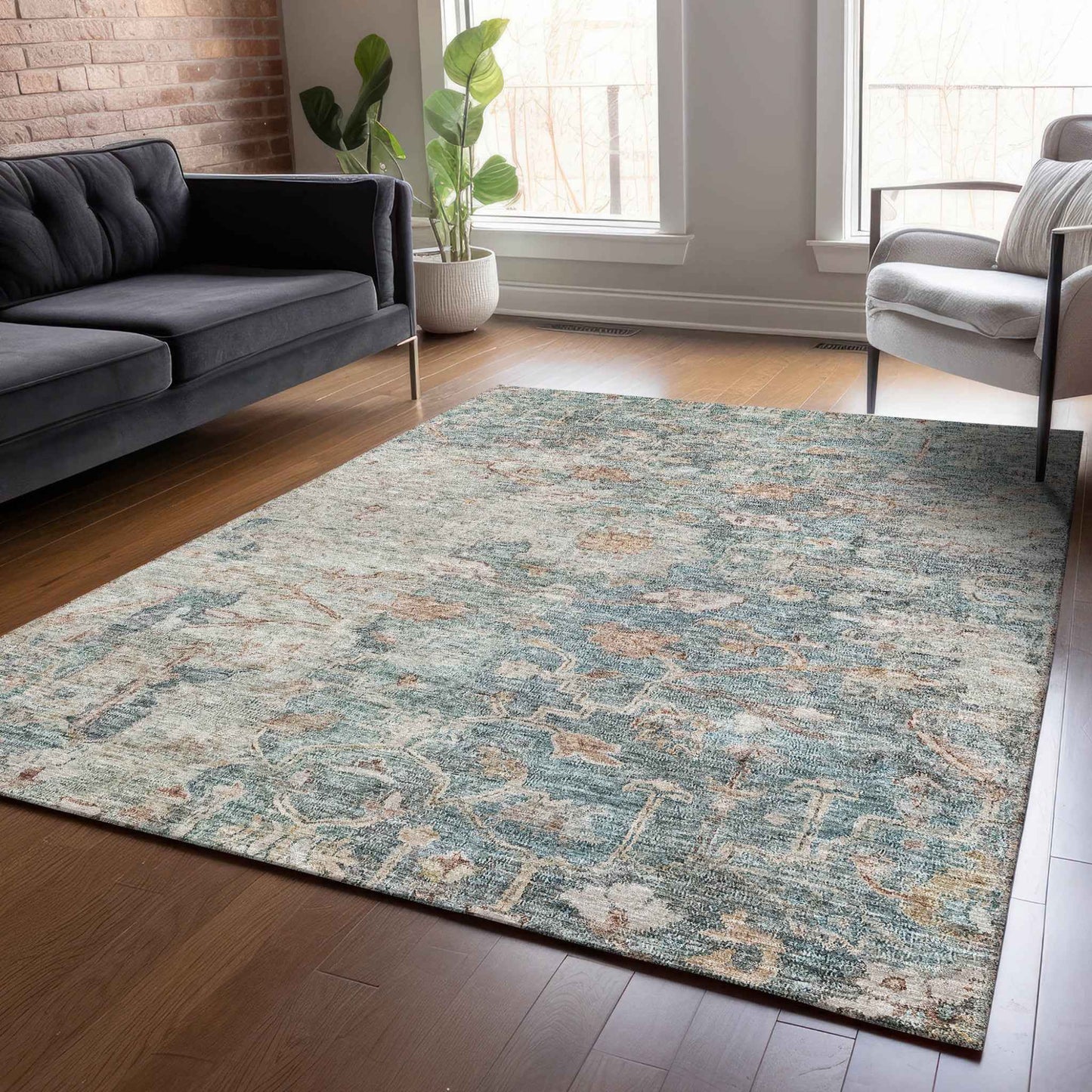 3' X 5' Green Blue And Gray Oriental Washable Indoor Outdoor Area Rug