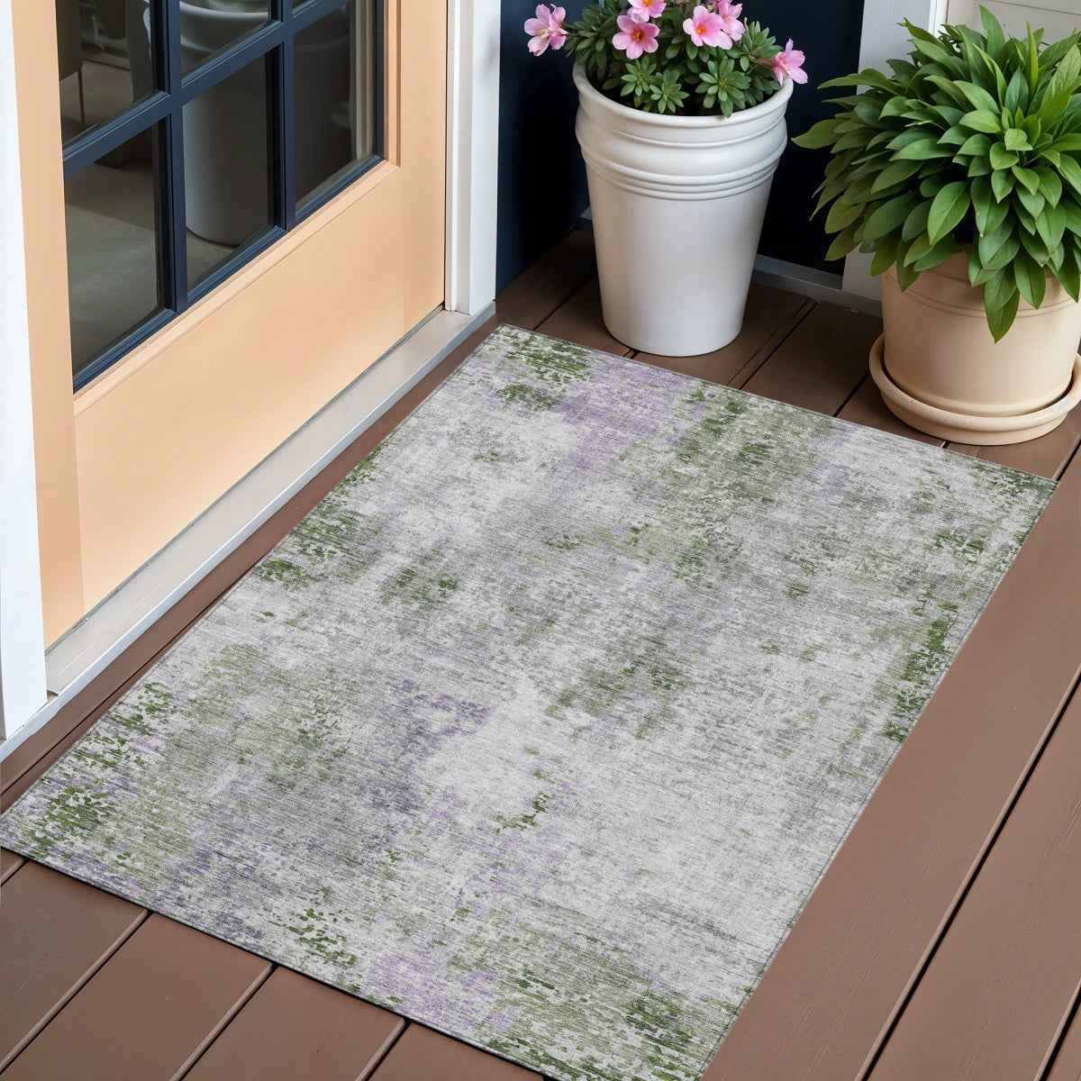 3' X 5' Olive Green And Gray Abstract Washable Indoor Outdoor Area Rug