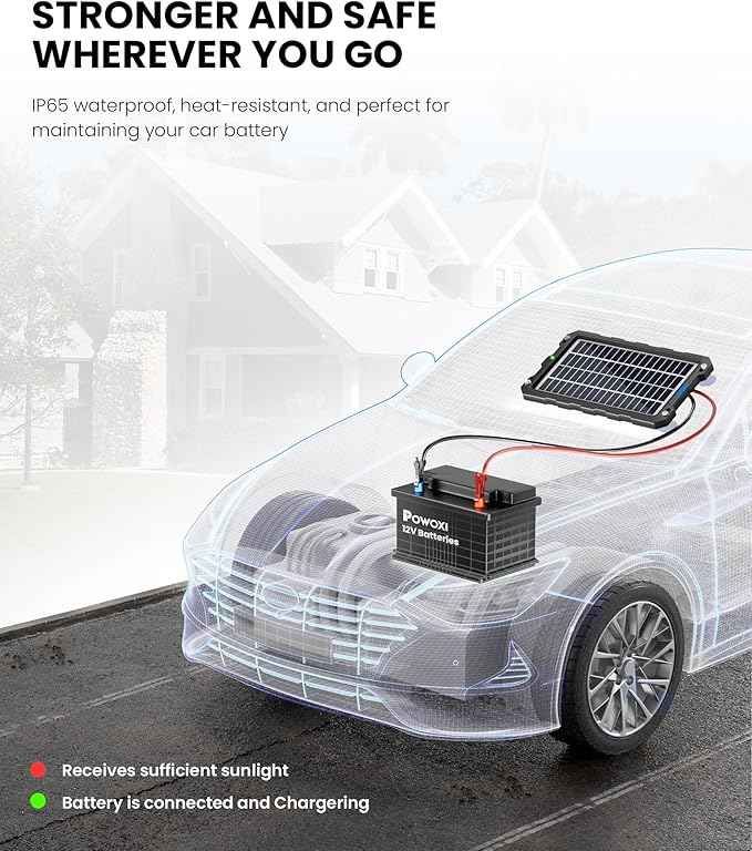 POWOXI 7.5W Solar Battery Trickle Charger Maintainer 12V , Portable Waterproof Solar Panel Kit for Car, Boat, RV & Motorcycle