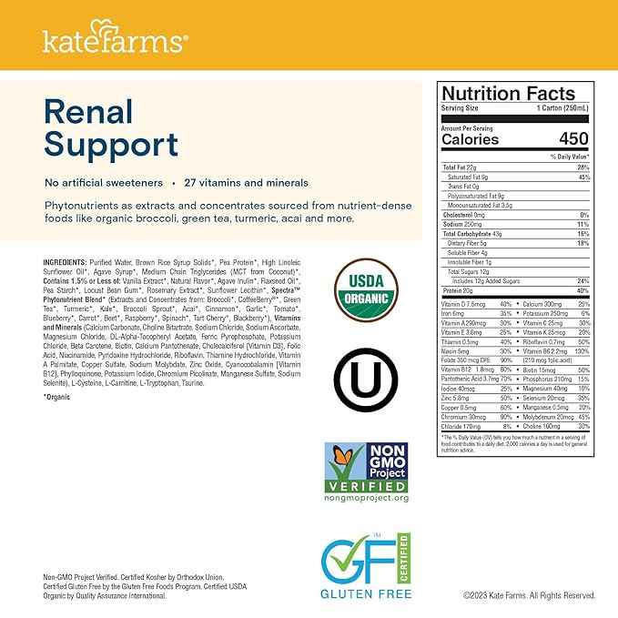 KATE FARMS Organic 1.8 Renal Support Shake, Vanilla, 20g Protein, 27 Vitamins and Minerals, Specialized Dialysis Nutrition Support, 8.45 oz (12 Pack)