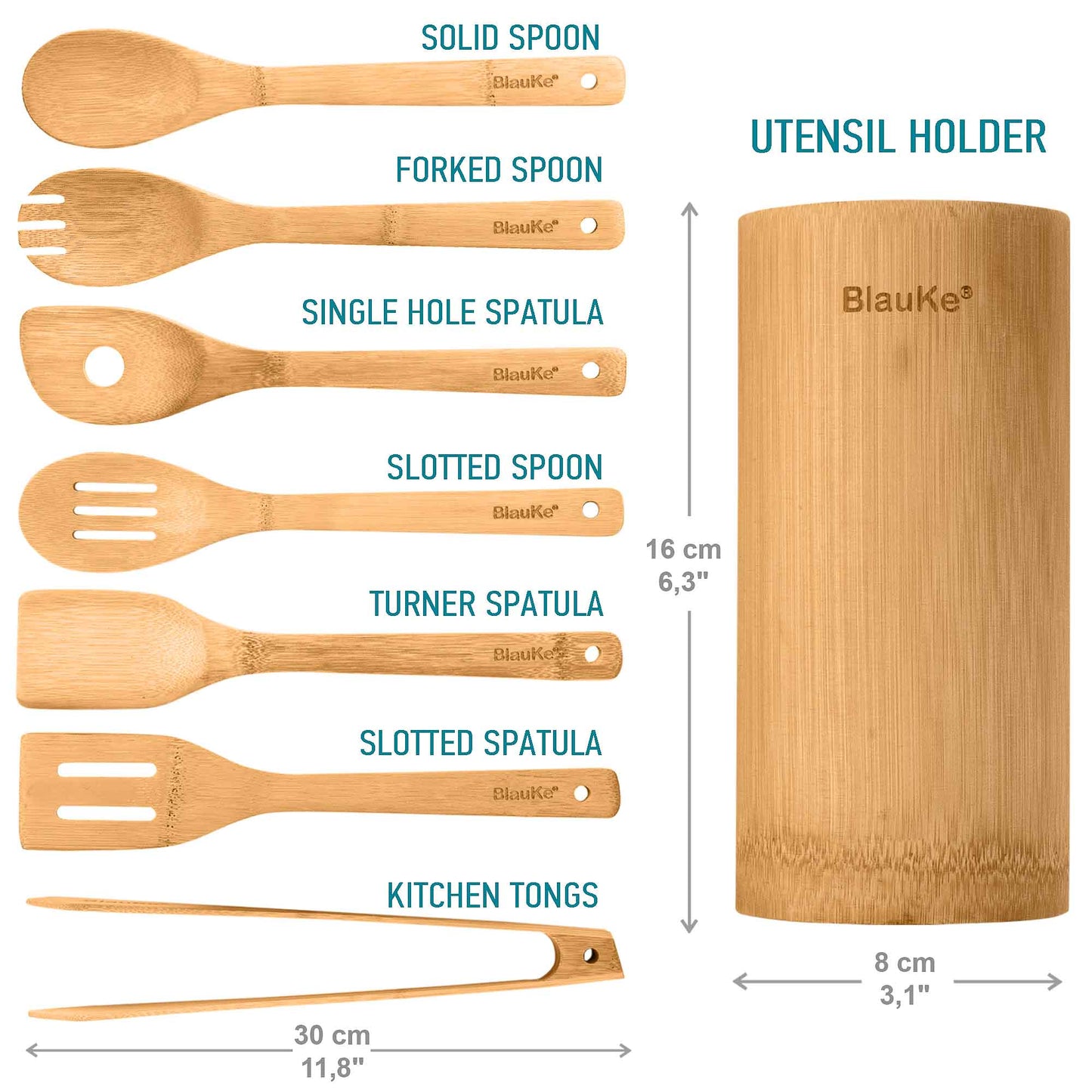 Bamboo Kitchen Utensils Set - Wooden Cooking Utensils 8-Pack - Zerramart