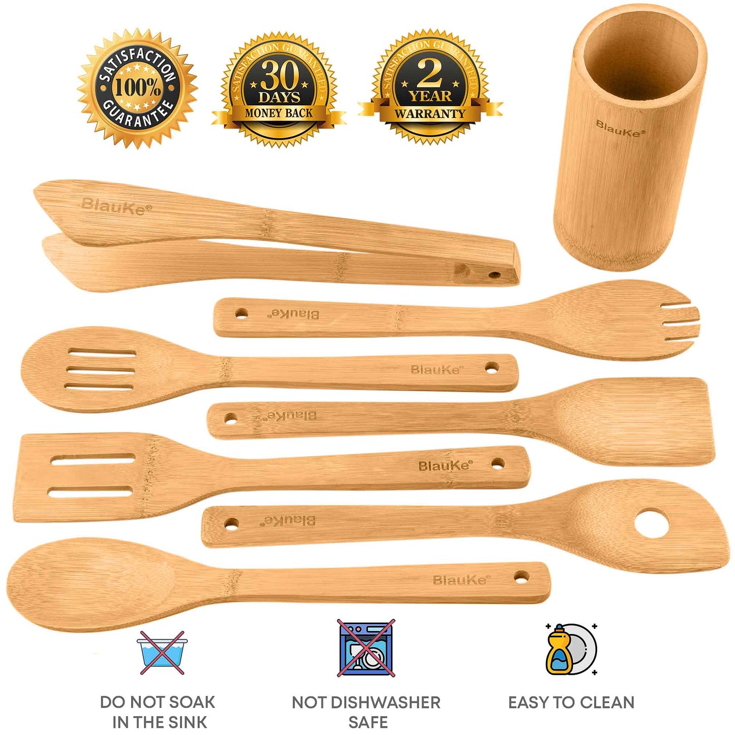Bamboo Kitchen Utensils Set - Wooden Cooking Utensils 8-Pack - Zerramart