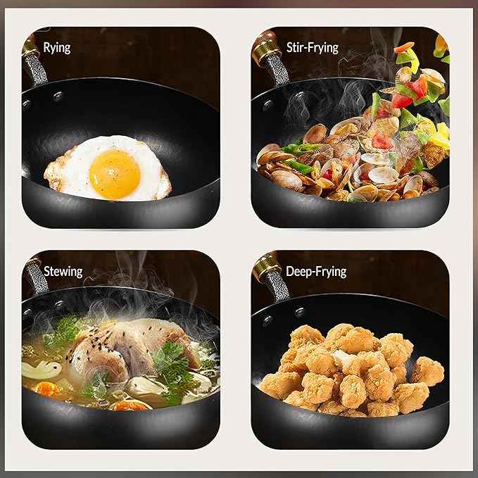 Handmade Large Iron Wok-Deep Flat Bottom Belly Pot,Non-Stick Uncoated Cooking Pan for Household Kitchen