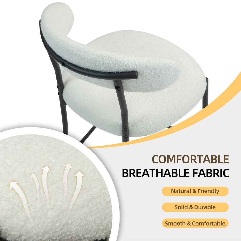 Height Bar Stools 26" Counter -Teddy Fabric Kitchen Island Chairs with Footrest, Modern Black Base (Snow White)