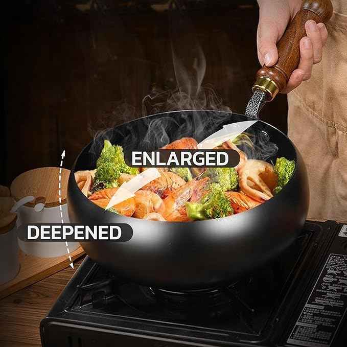 Handmade Large Iron Wok-Deep Flat Bottom Belly Pot,Non-Stick Uncoated Cooking Pan for Household Kitchen