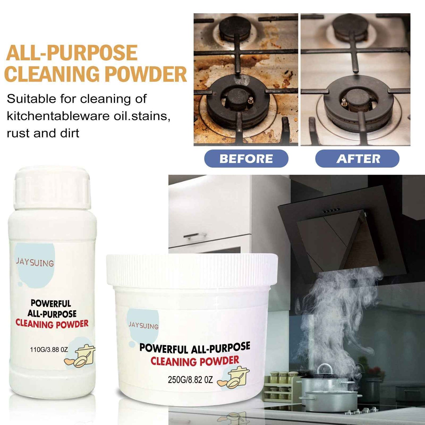 Multifunctional Kitchen Cleaning Powder,Heavy Oil Stain Remover, Rust Cleaner & Stove Range Hood Degreaser for Kitchenware