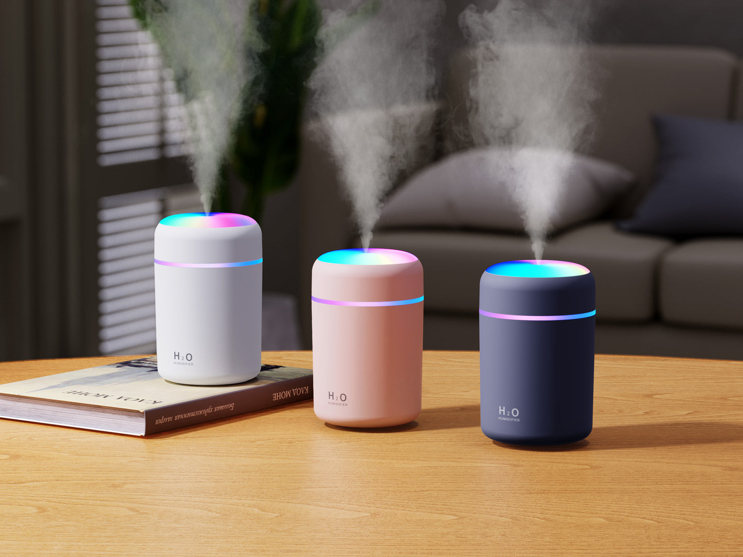 Plug-in car humidifier with atmosphere light and air purifying mist