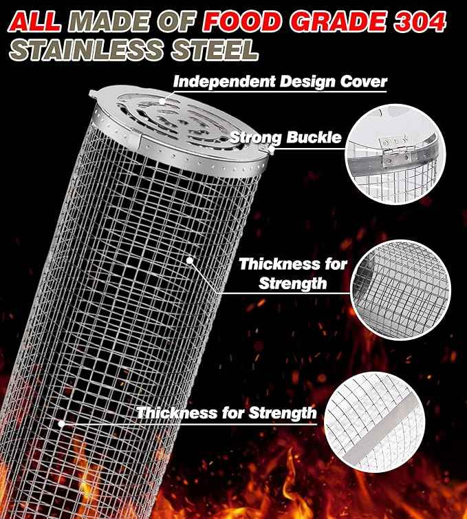 BBQ Cage Barrel Portable Rotating Stainless Steel Smoker Grill for Outdoor BBQ, Charcoal & Gas Cooking