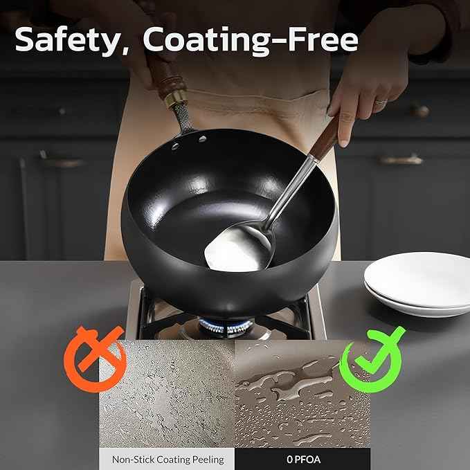 Handmade Large Iron Wok-Deep Flat Bottom Belly Pot,Non-Stick Uncoated Cooking Pan for Household Kitchen