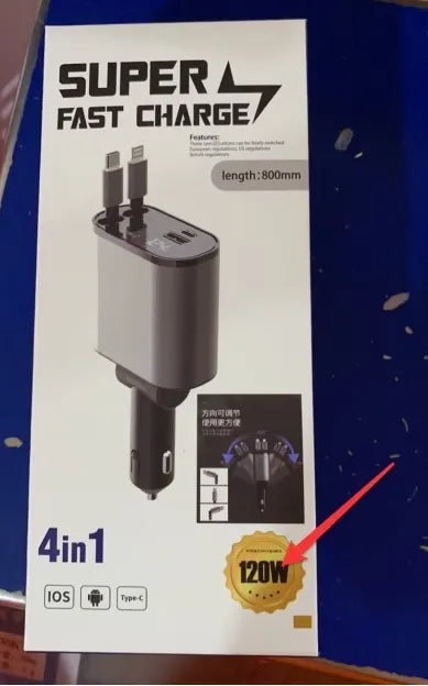Super fast car charger with cigarette lighter, USB, and TYPE-C ports