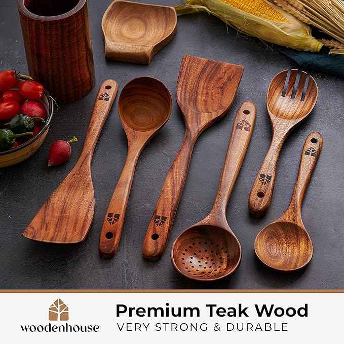 Acacia Wood Kitchenware Set Teak Long Handle Soup Spoon, Wooden Colander & Non-Stick Pan Shovel-Wholesale Kitchen Tools