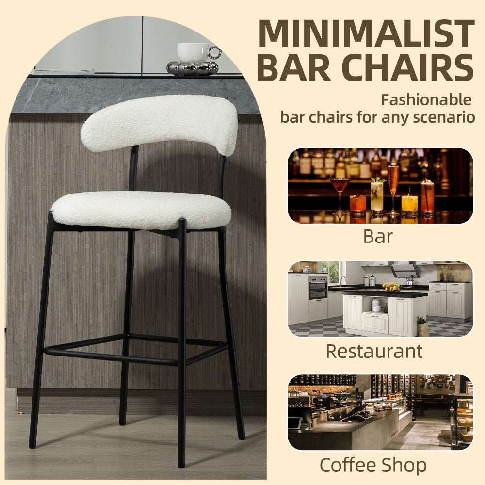 Height Bar Stools 26" Counter -Teddy Fabric Kitchen Island Chairs with Footrest, Modern Black Base (Snow White)