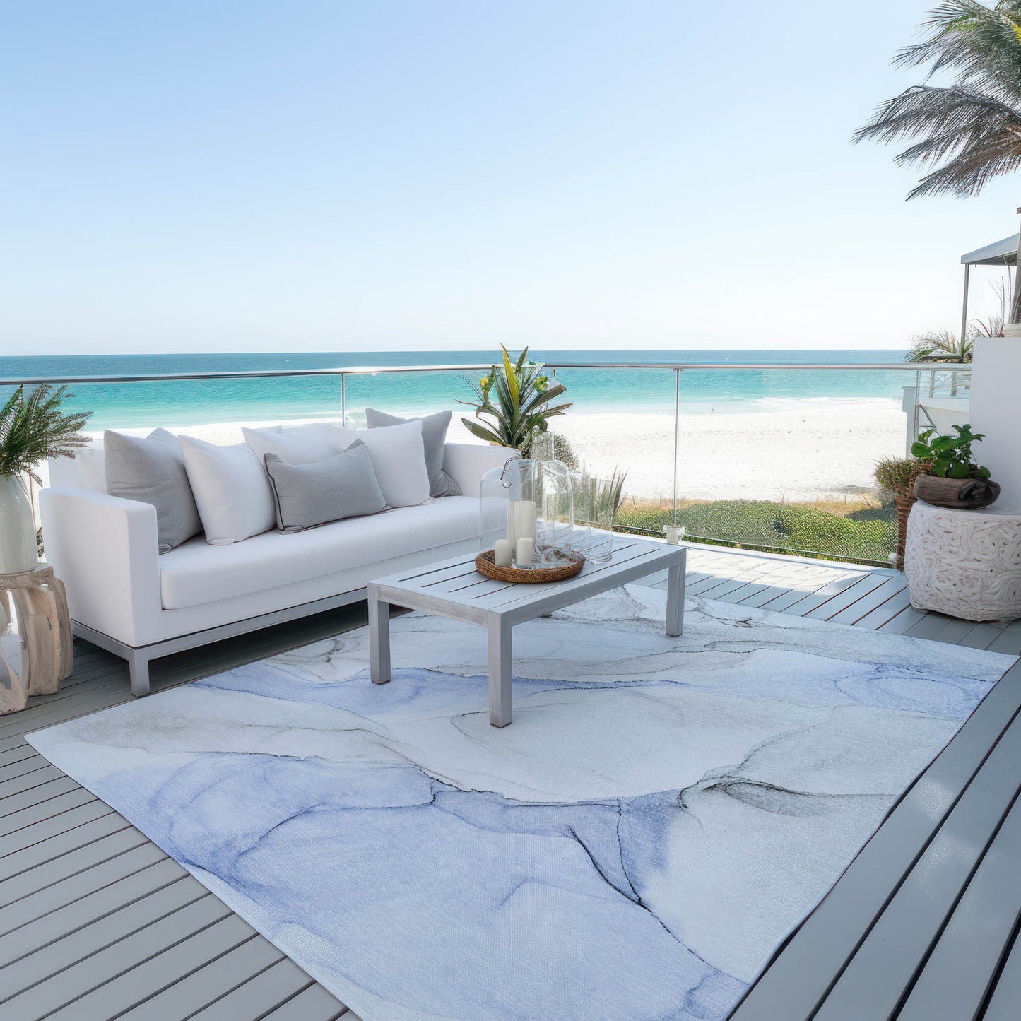 8' X 10' Ivory Blue and Gray Abstract Washable Non Skid Indoor Outdoor Area Rug