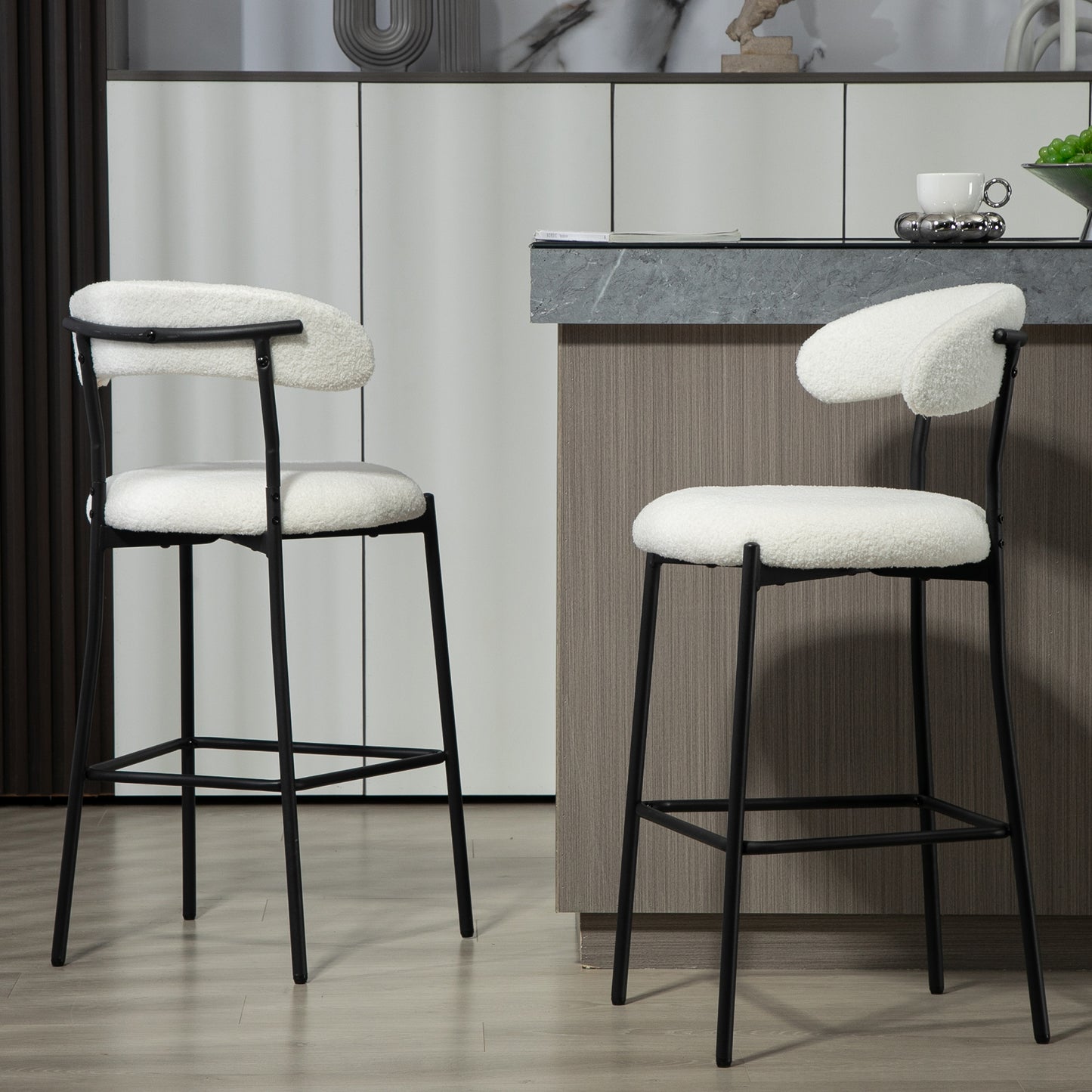 Height Bar Stools 26" Counter -Teddy Fabric Kitchen Island Chairs with Footrest, Modern Black Base (Snow White)